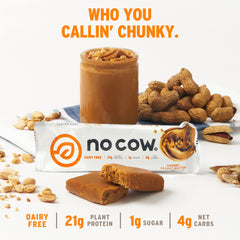 Back of No Cow protein bars packaging showing vegan, gluten-free, dairy-free, soy-free labels
