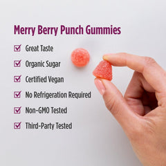 Gummies label indicating no refrigeration needed