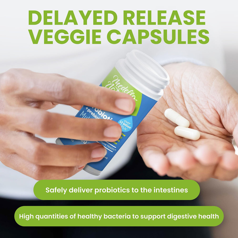 Shelf-stable probiotic label indicating no refrigeration required
