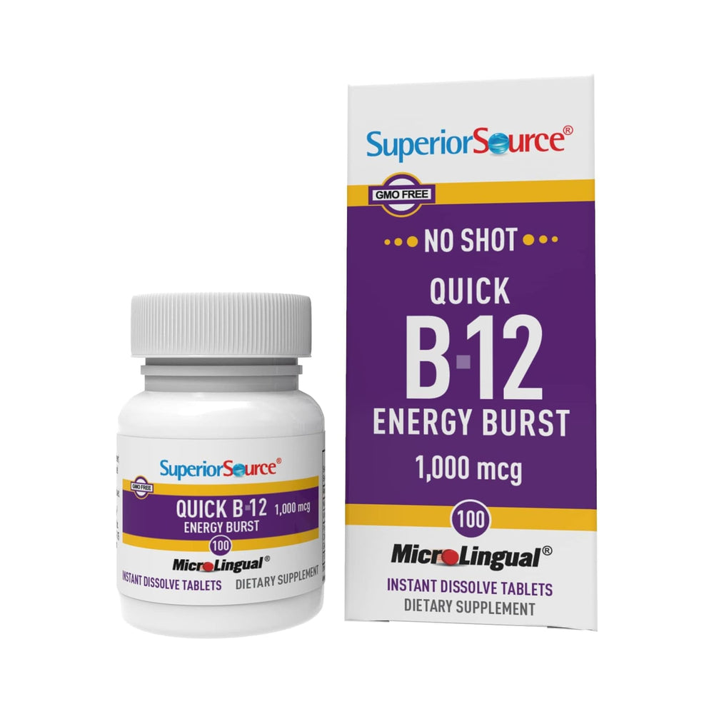 Front view of NO SHOT Quick B-12 Energy Burst bottle and box