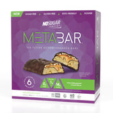 No Sugar META BAR packaging highlights keto-friendly, gluten-free snack in a convenient box