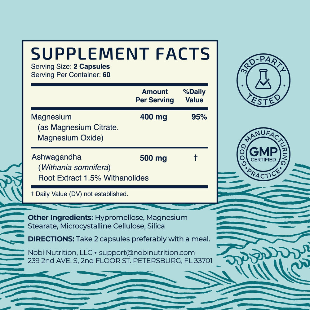 Nobi Nutrition Magnesium Ashwagandha capsules in glass of water for intake.