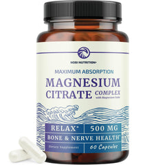 Nobi Nutrition Magnesium Citrate 500mg capsules bottle shown for digestion support.