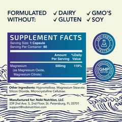 Close-up of Nobi Nutrition magnesium citrate label emphasizing non-GMO and soy-free.