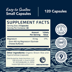Close-up of Nobi Nutrition magnesium glycinate label emphasizing chelated form and gentle digestion.