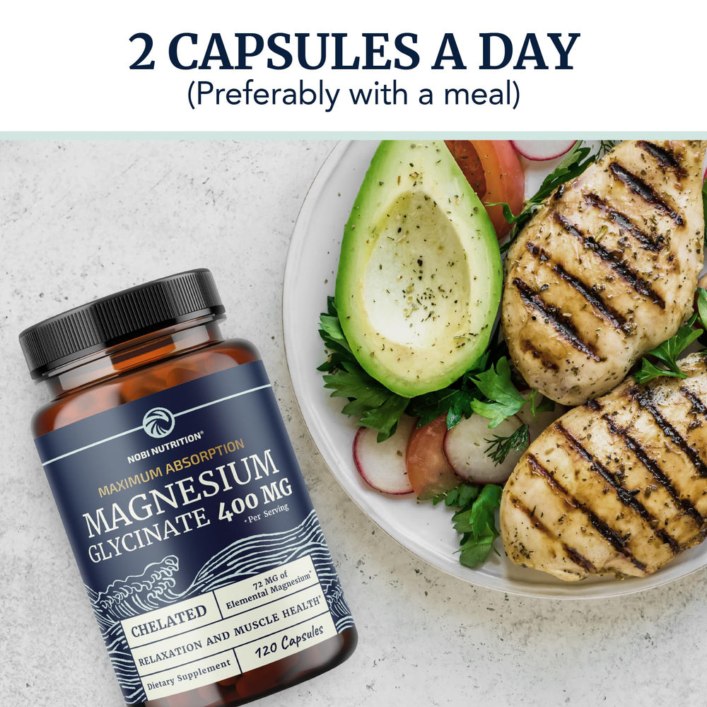 Nobi Nutrition magnesium glycinate displayed in a calm nighttime setup.