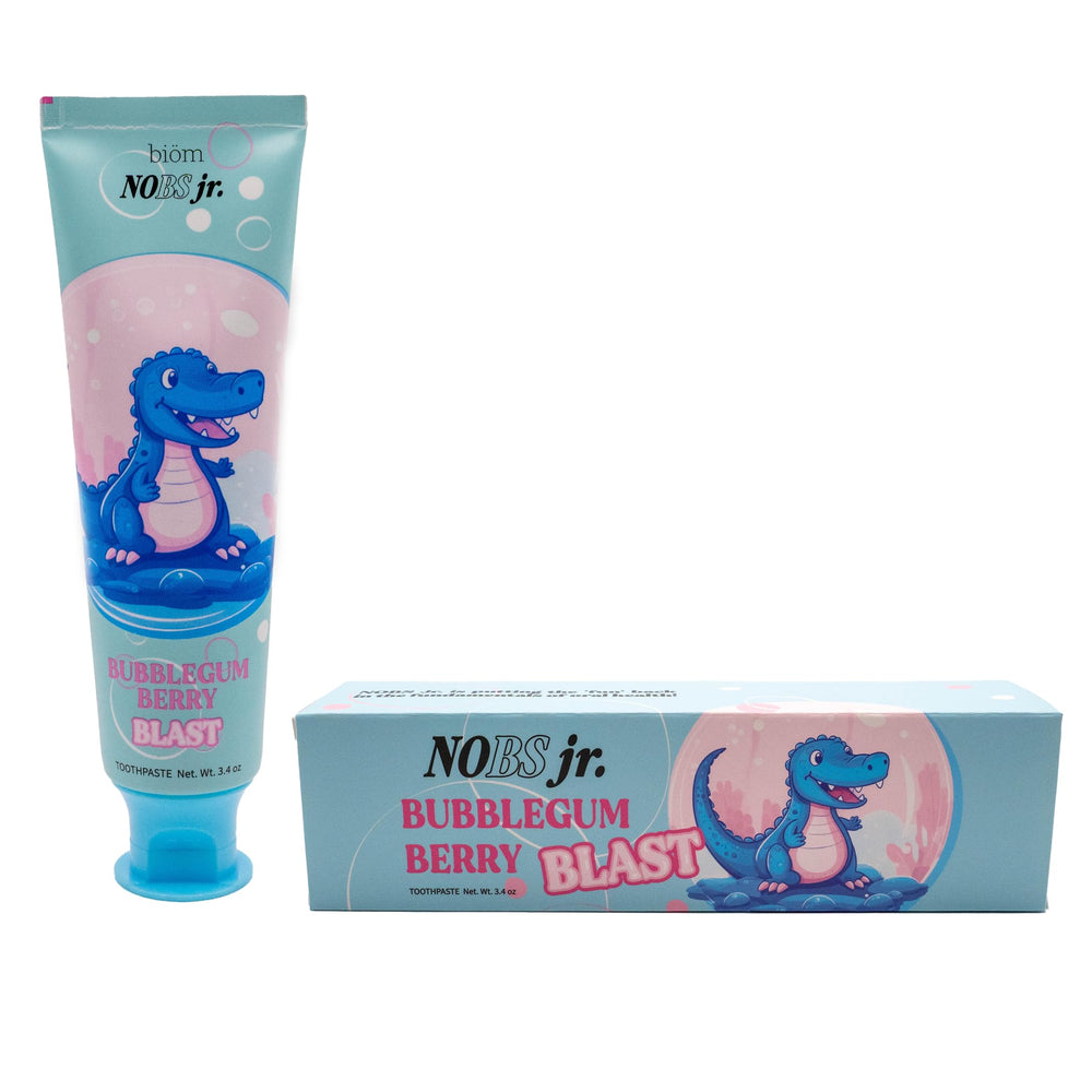 Front view of NOBS Jr. Kids Nano Hydroxyapatite Toothpaste Bubblegum Berry tube