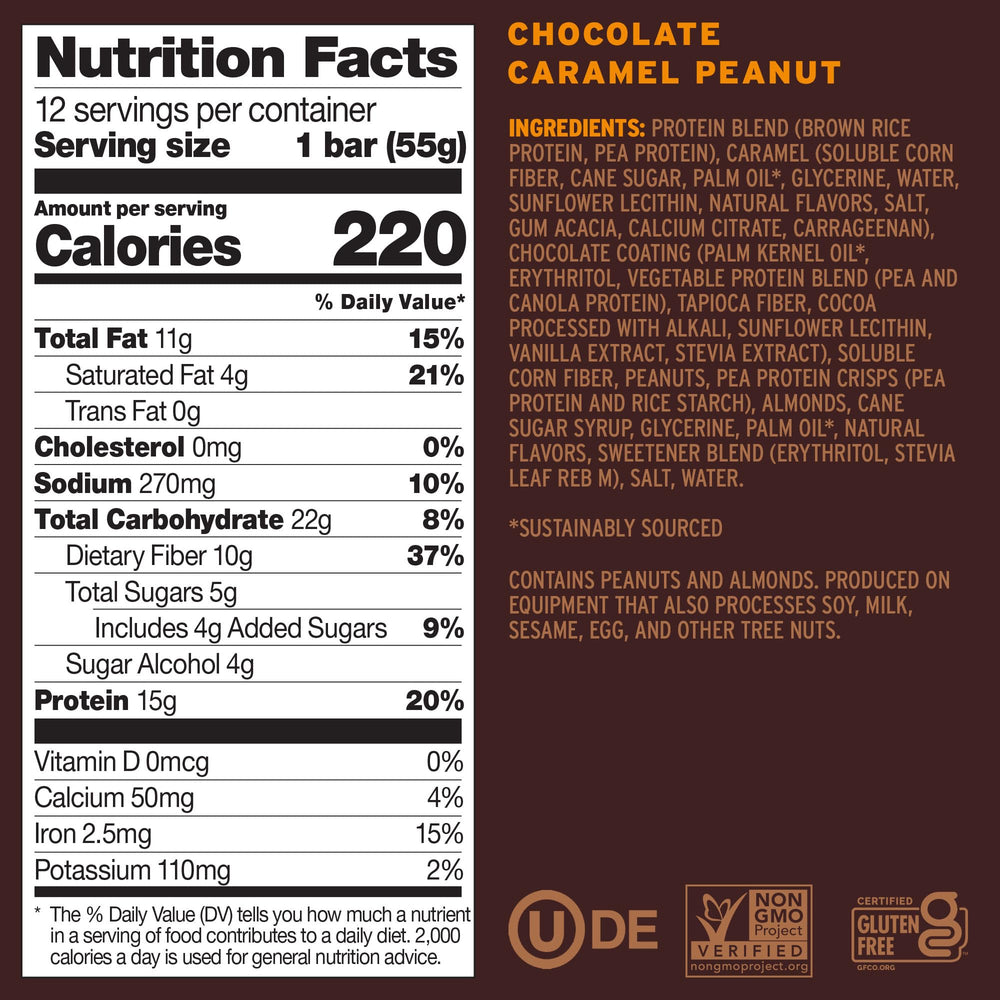 No Cow bar close-up texture showing chocolate caramel peanut bits for flavor appeal.