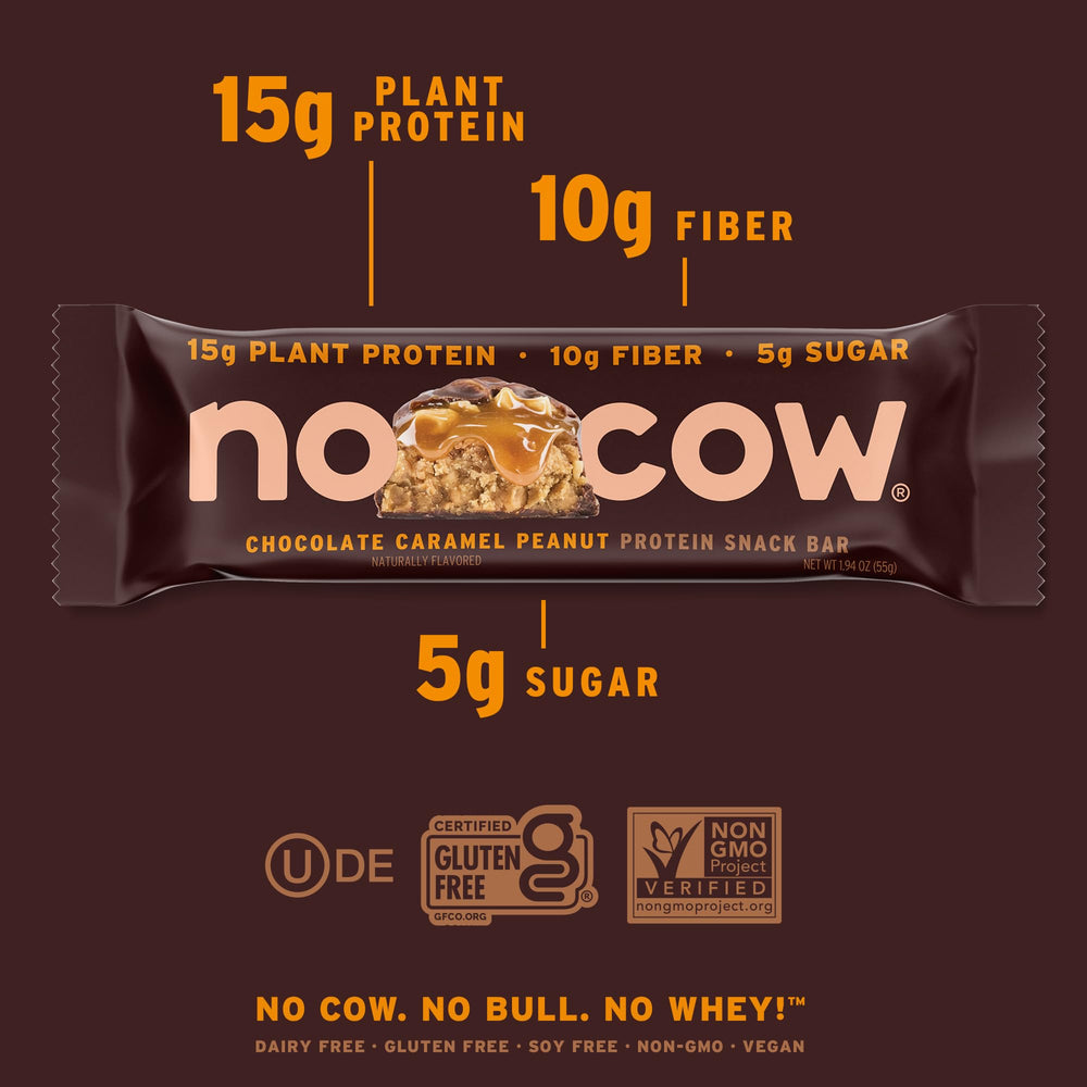 No Cow bar on kitchen counter illustrating gluten-free dairy-free snack options.