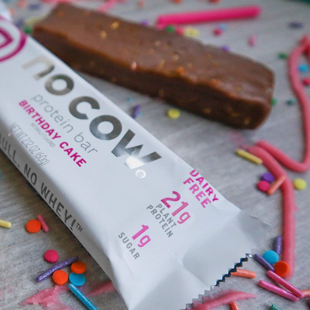No Cow Birthday Cake bar natural sweeteners panel highlights stevia and erythritol.