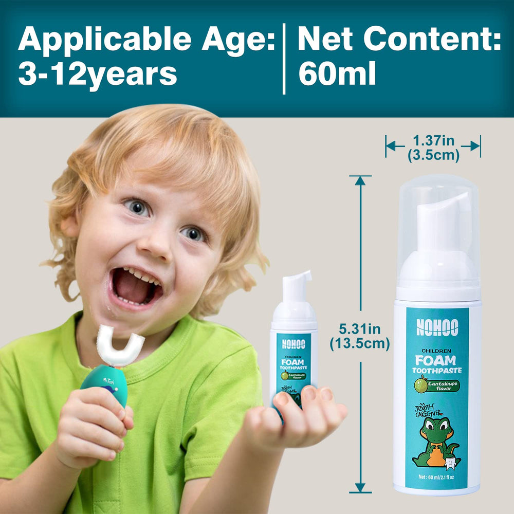 Happy child brushing teeth with cantaloupe flavored NOHOO toothpaste