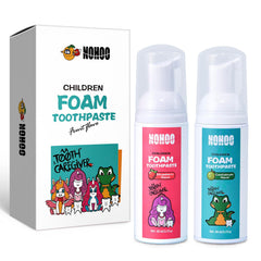 Front view of NOHOO fluoride-free foam toothpaste for kids with strawberry cantaloupe flavor