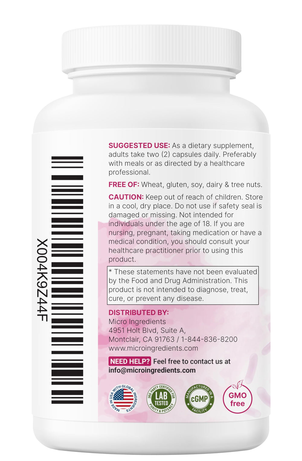 Non-GMO, dairy-free, gluten-free label on bottle