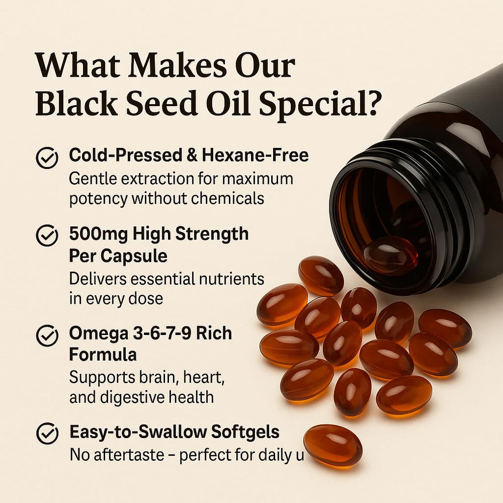 Label showing non-GMO and gluten-free black seed oil capsules