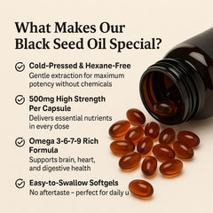 Label showing non-GMO and gluten-free black seed oil capsules