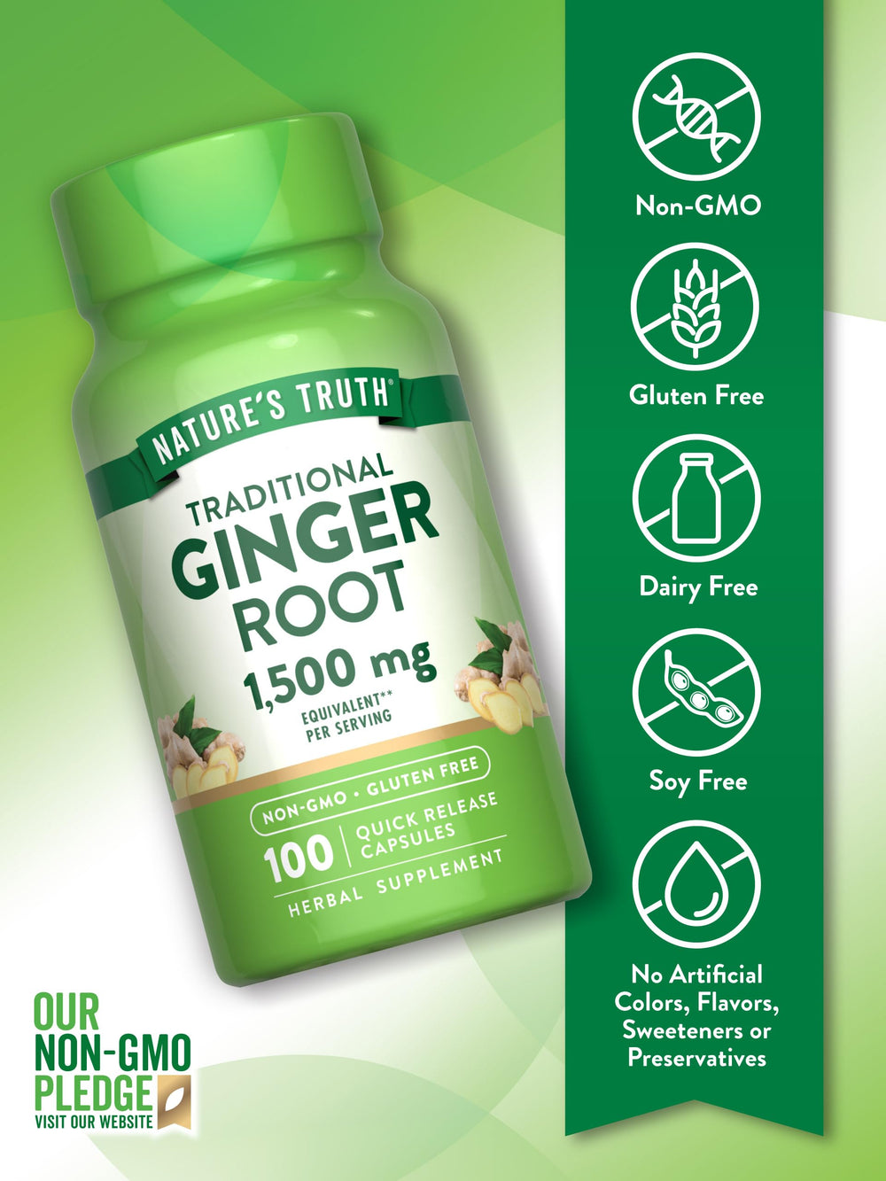 Non-GMO and gluten-free ginger capsules label