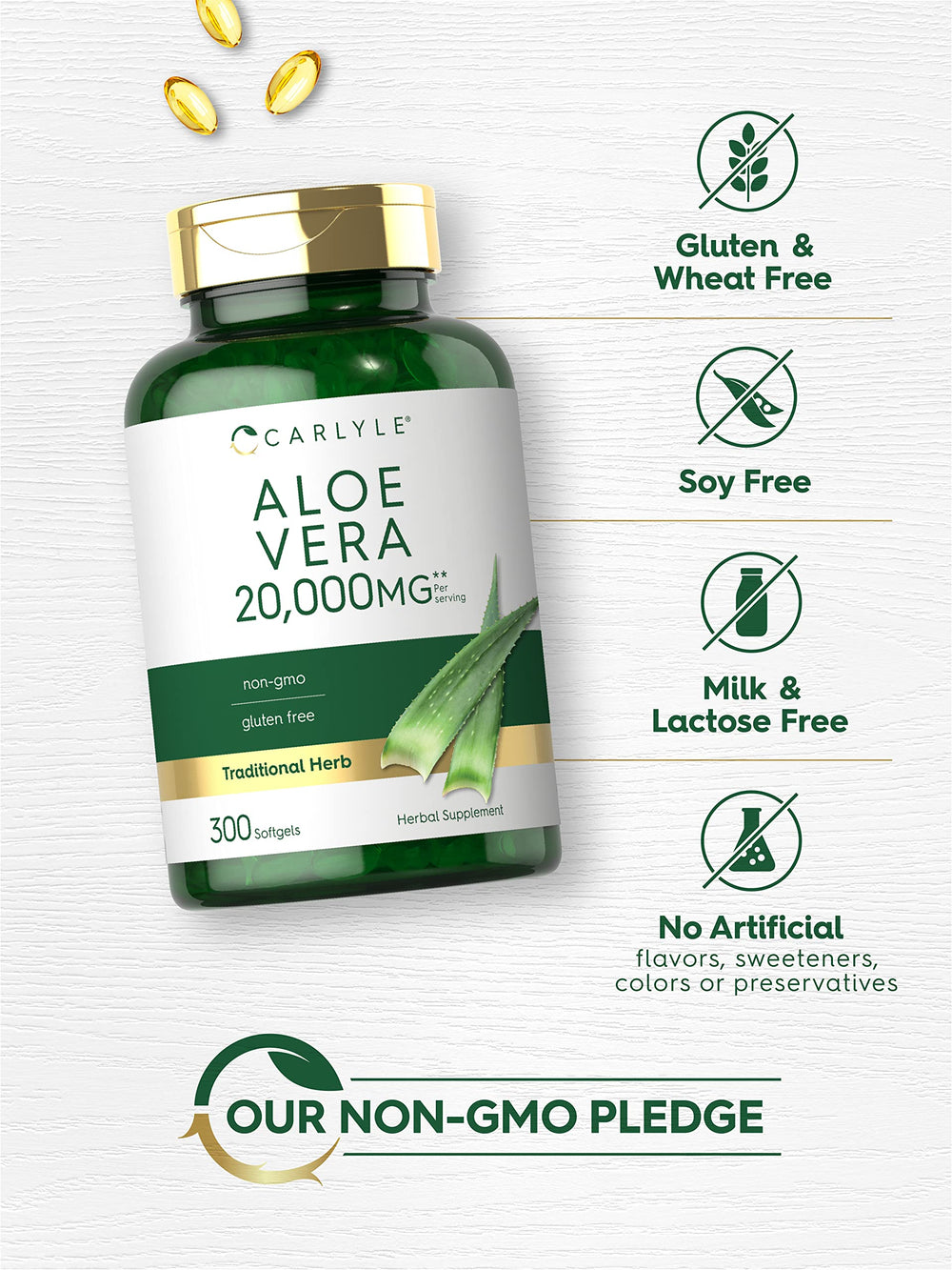 Non-GMO and gluten-free certification on Carlyle Aloe Vera product