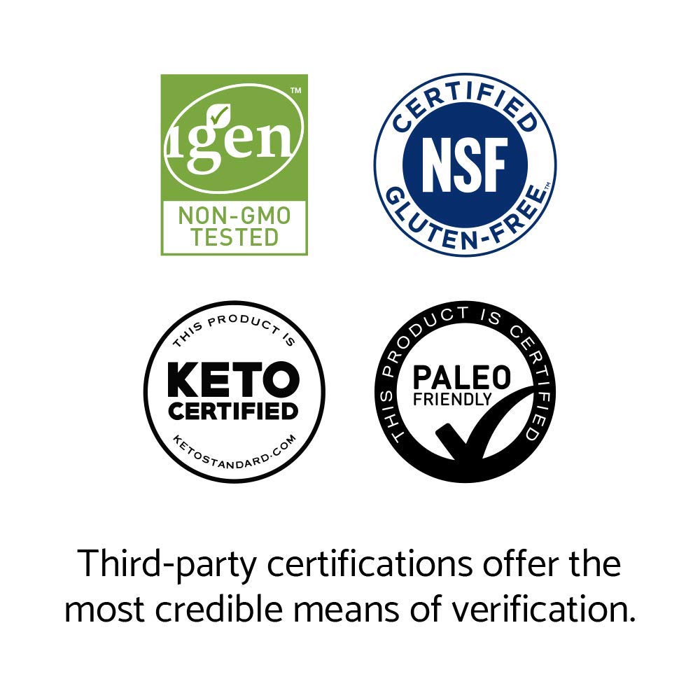 Non-GMO, gluten-free, NSF certified seals on label