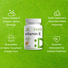 Label showing Non-GMO, gluten-free, dairy-free Vitamin E supplement