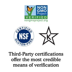 Non-GMO, verified gluten-free and kosher certifications.