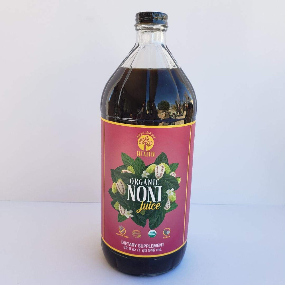 Organic Noni juice in 32oz glass bottle, front view
