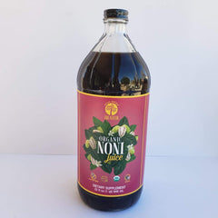 Organic Noni juice in 32oz glass bottle, front view