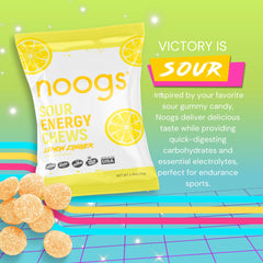 Noogs Sour Energy Chews Lemon Zinger bag-closeup showing vibrant chew texture for quick fueling.