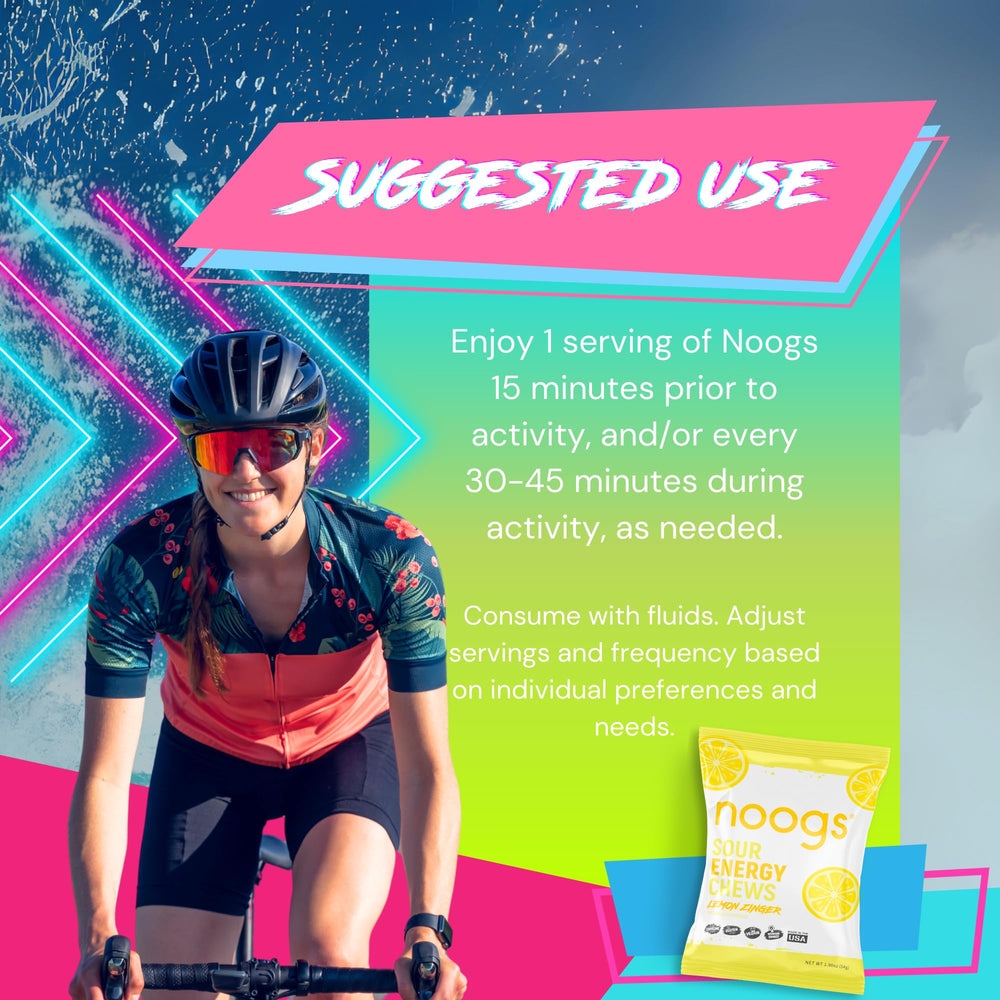 Noogs Sour Energy Chews Lemon Zinger bottle shot emphasizing hydration-friendly electrolyte formula.