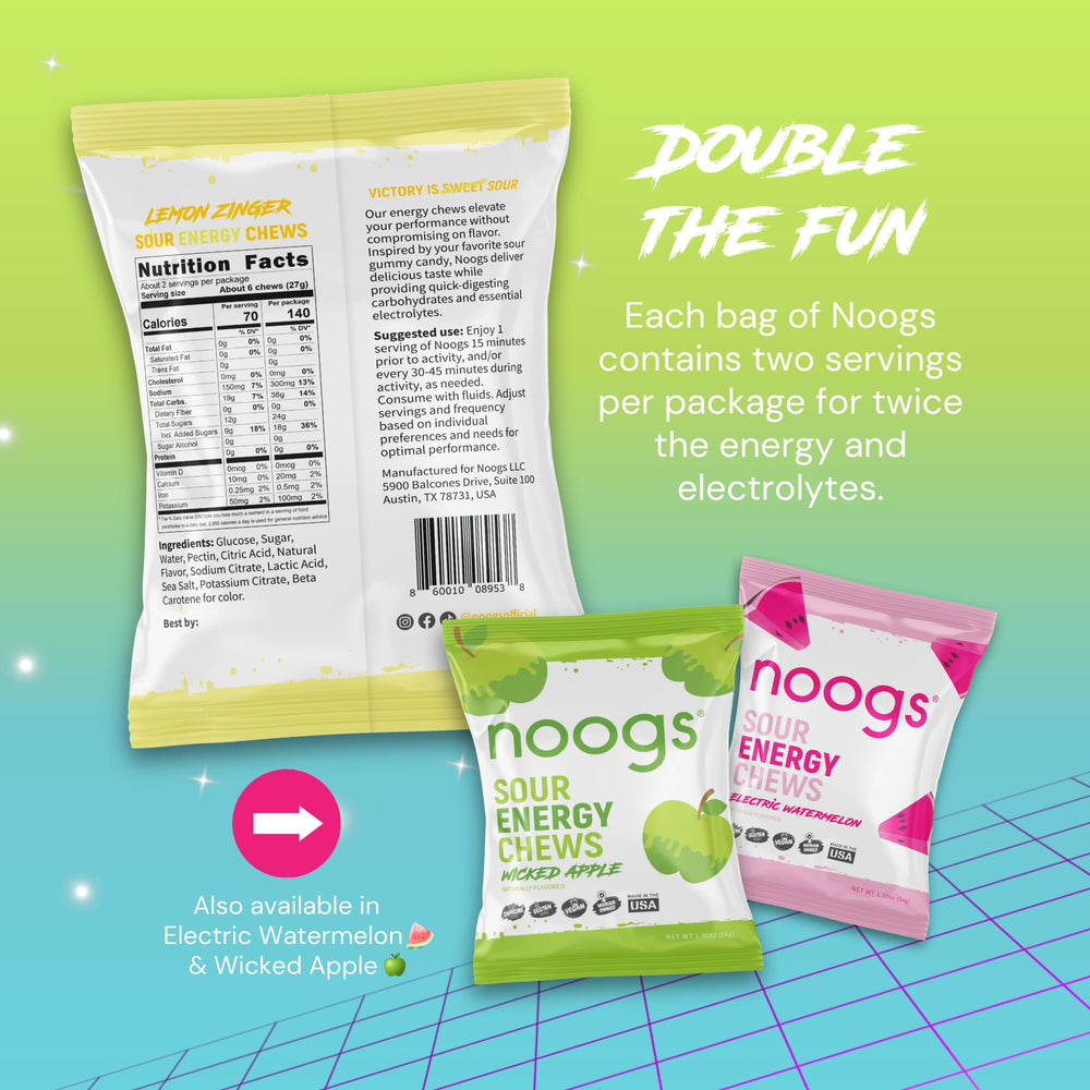 Noogs Sour Energy Chews Lemon Zinger on running belt illustrating on-the-go endurance snacking.