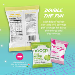 Noogs Sour Energy Chews Lemon Zinger on running belt illustrating on-the-go endurance snacking.