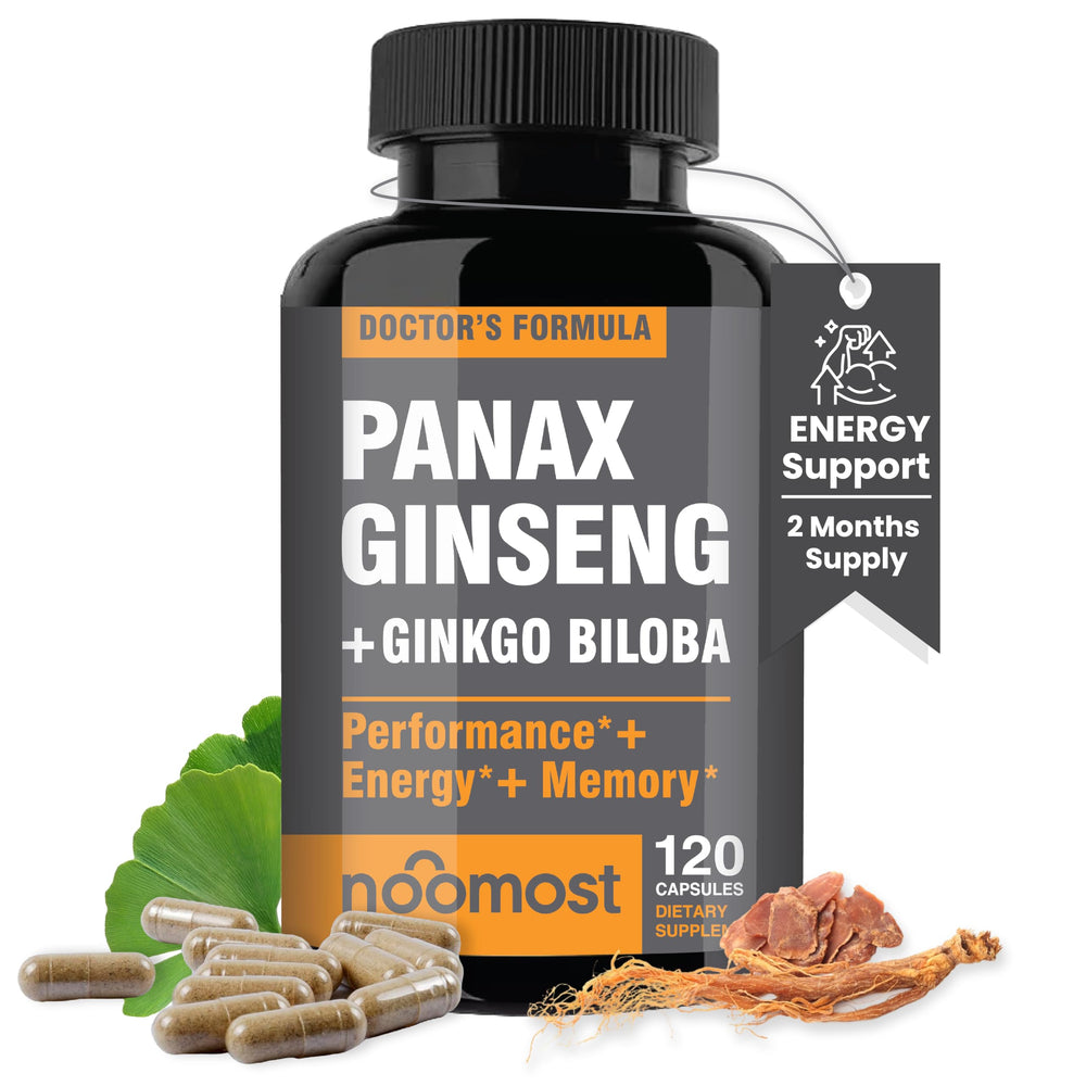 NooMost bottle showing Korean Red Panax Ginseng + Ginkgo Biloba capsules