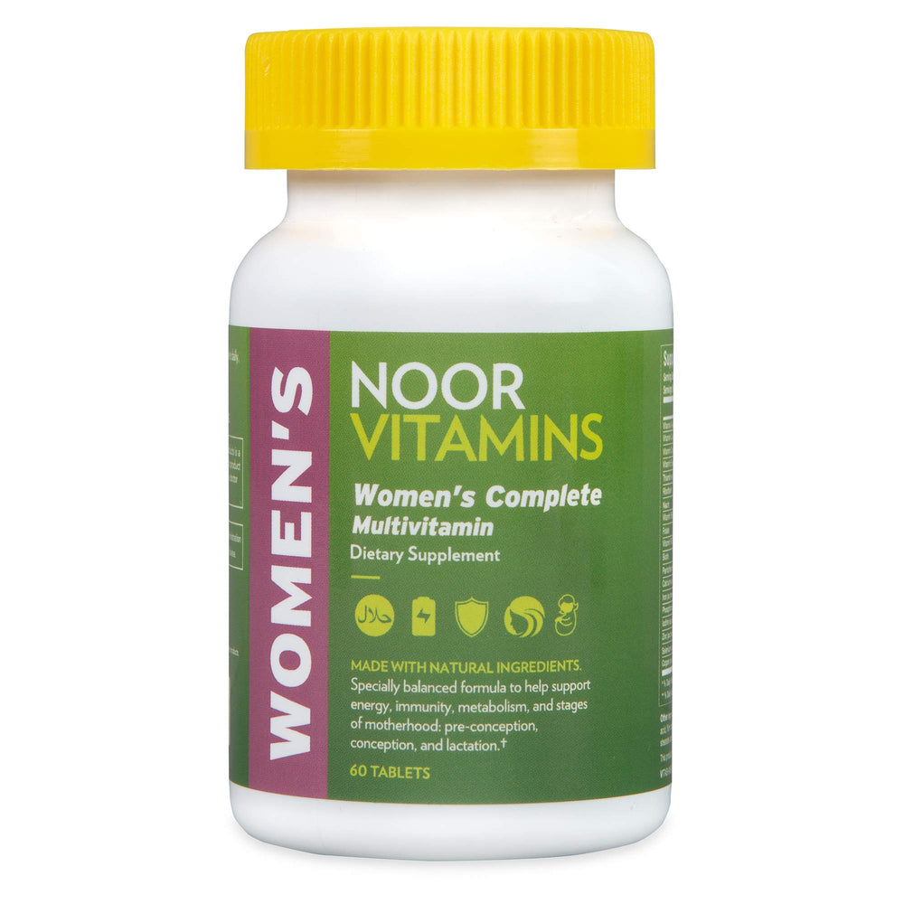 Front view of Noor Vitamins Halal vegan women’s multivitamin bottle