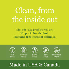 Close-up of product label showing vegan and halal certifications