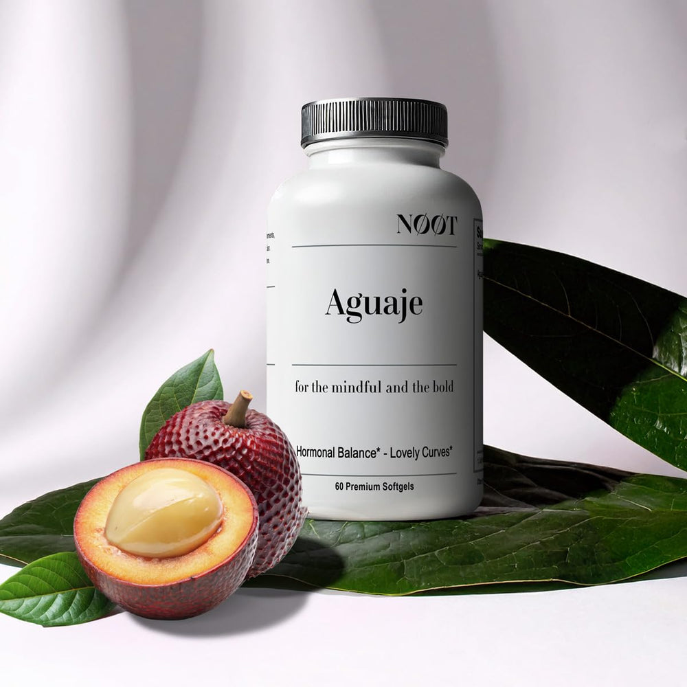 Aguaje oil softgels capsules with bottle and natural background
