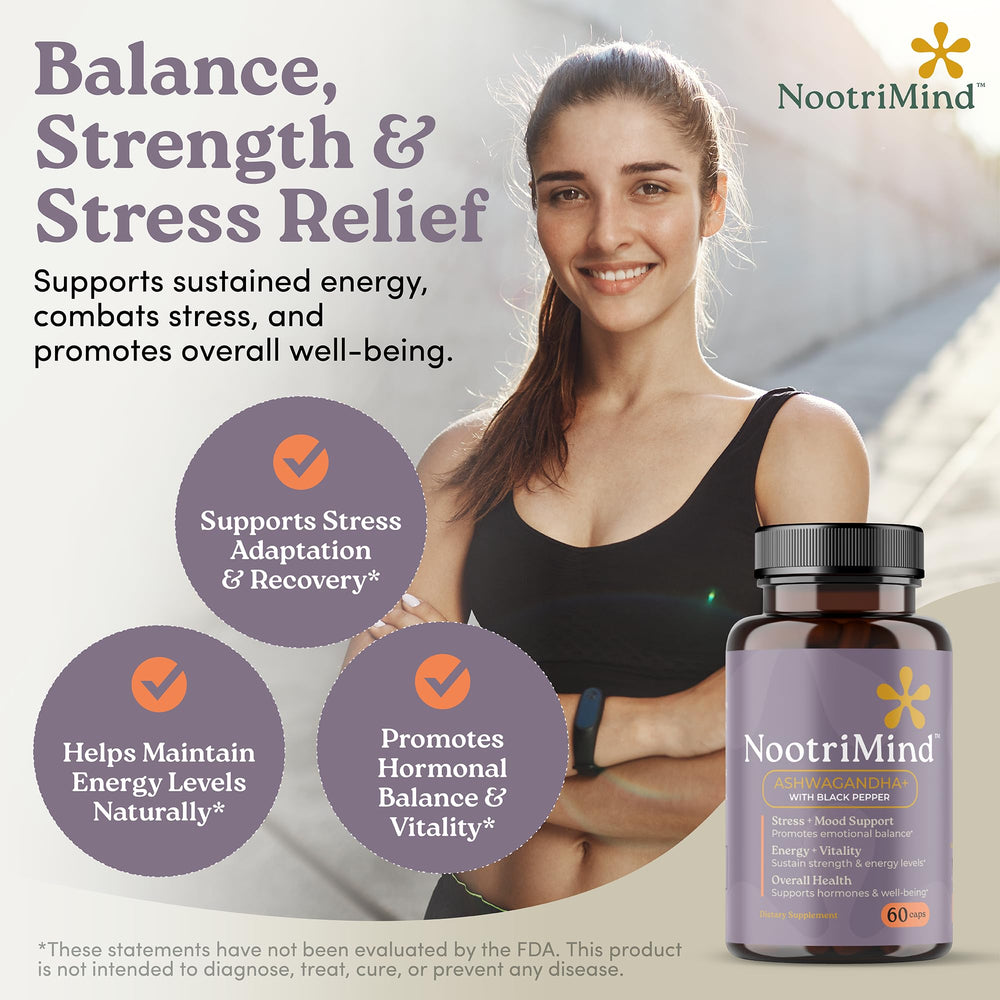 Ashwagandha capsules poured from bottle with label visible