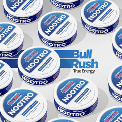 Nootro Bull Rush logo close-up captures bold branding and product vibe