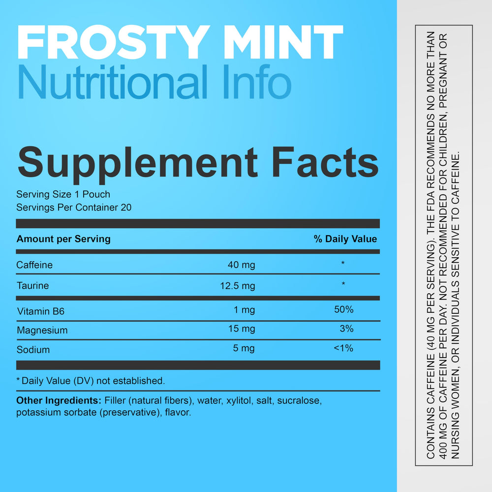Nootro Energy Pouches 40 mg caffeine per pouch for steady daytime focus.