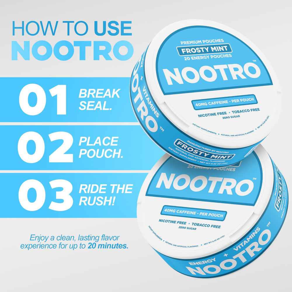 Nootro pouches with Vitamin B6 highlight nutrient support for energy metabolism.