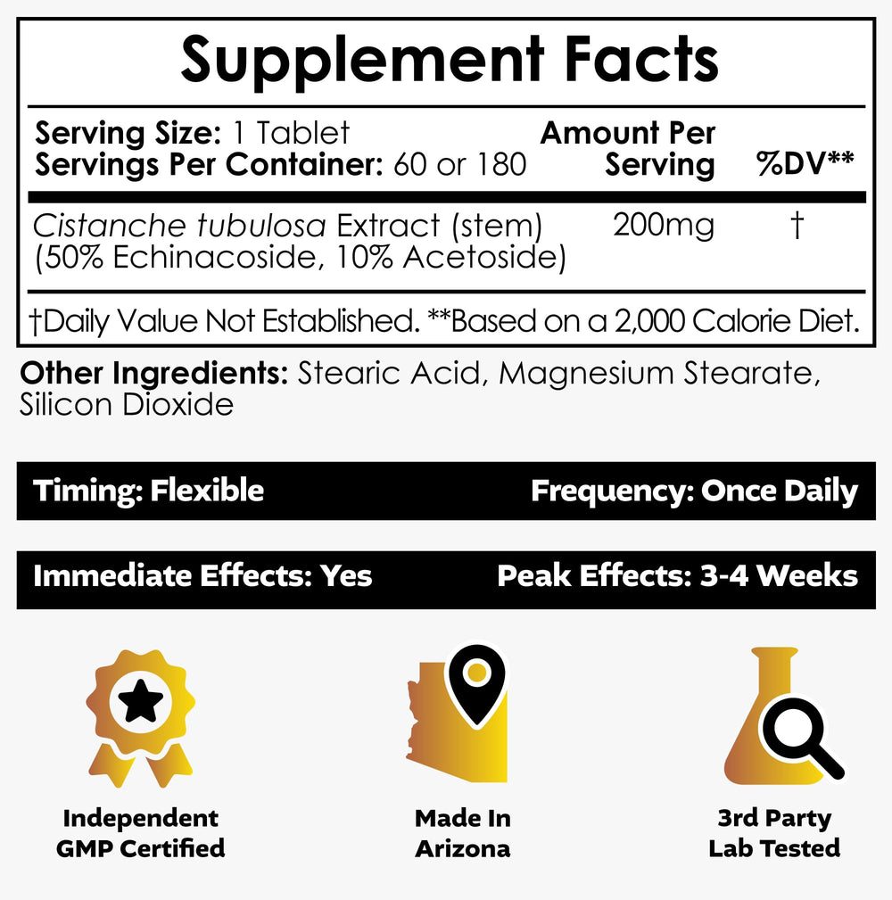 Nootropics Depot Cistanche Tubulosa tablets dosage label aids proper dosing and routine tracking.