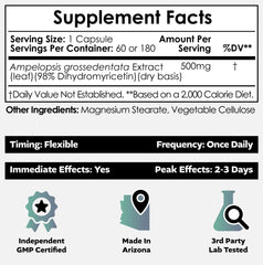 Supplement label showing Dihydromyricetin 500mg per capsule