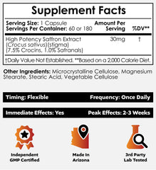 Close-up of saffron extract capsules with 30 mg dose