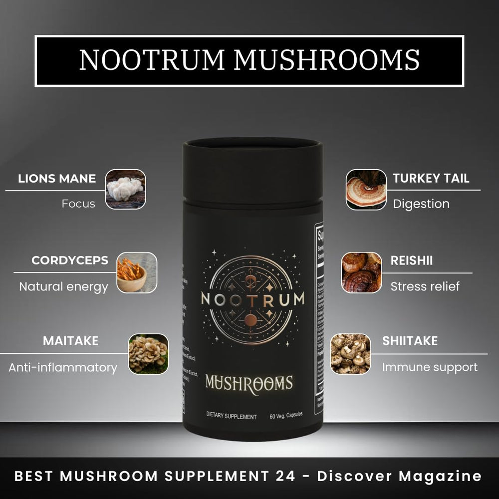 Hero shot of Nootrum Mushrooms capsules and bottle