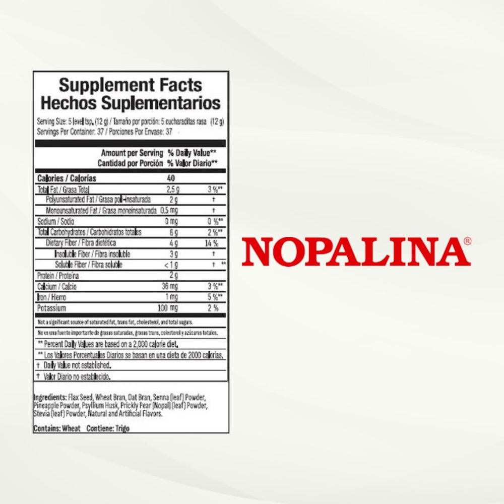 Nopalina Fiber Formula Pineapple bag open reveals measuring scoop for easy serving