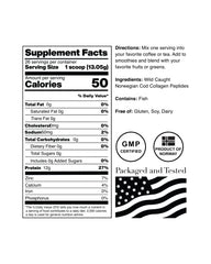 Back nutrition facts panel of Norcal Marine Collagen 12oz tub