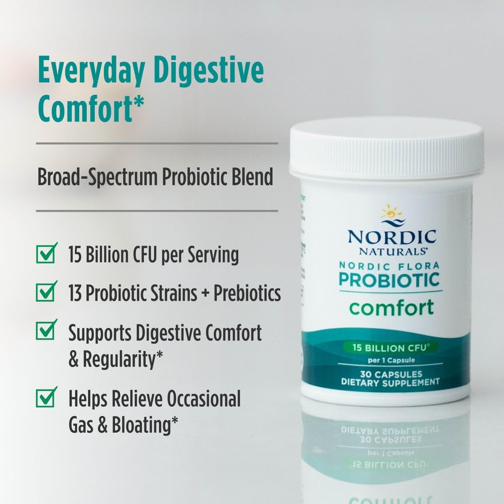 Gluten-free, dairy-free, soy-free and wheat-free icons for Nordic Flora Probiotic Comfort