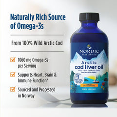 Certifications and sustainability icons for Nordic Naturals Arctic Cod Liver Oil Orange