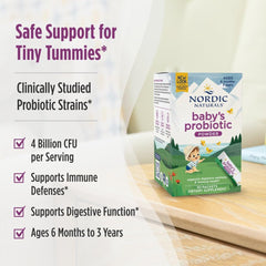 Packaging close-up showing daily dosage for babies 6 months to 3 years