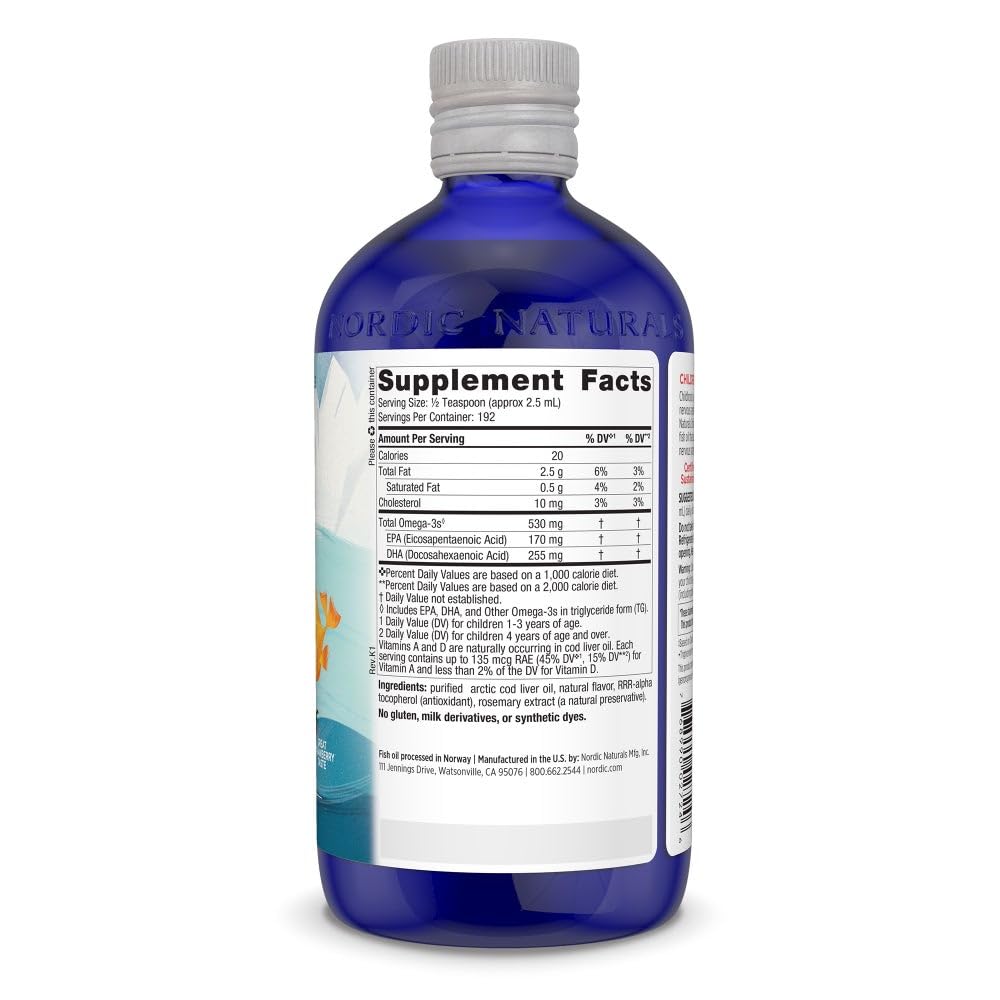 Nordic Naturals Children's DHA Strawberry bottle front close-up highlights purity and non-GMO status.