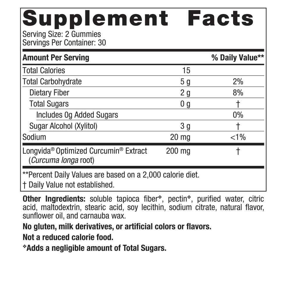 Ingredients and nutritional label for Nordic Naturals Curcumin Gummies Mango