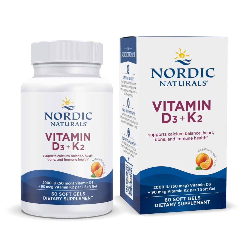 Nordic Naturals D3 + K2 orange-taste bottle and soft gels